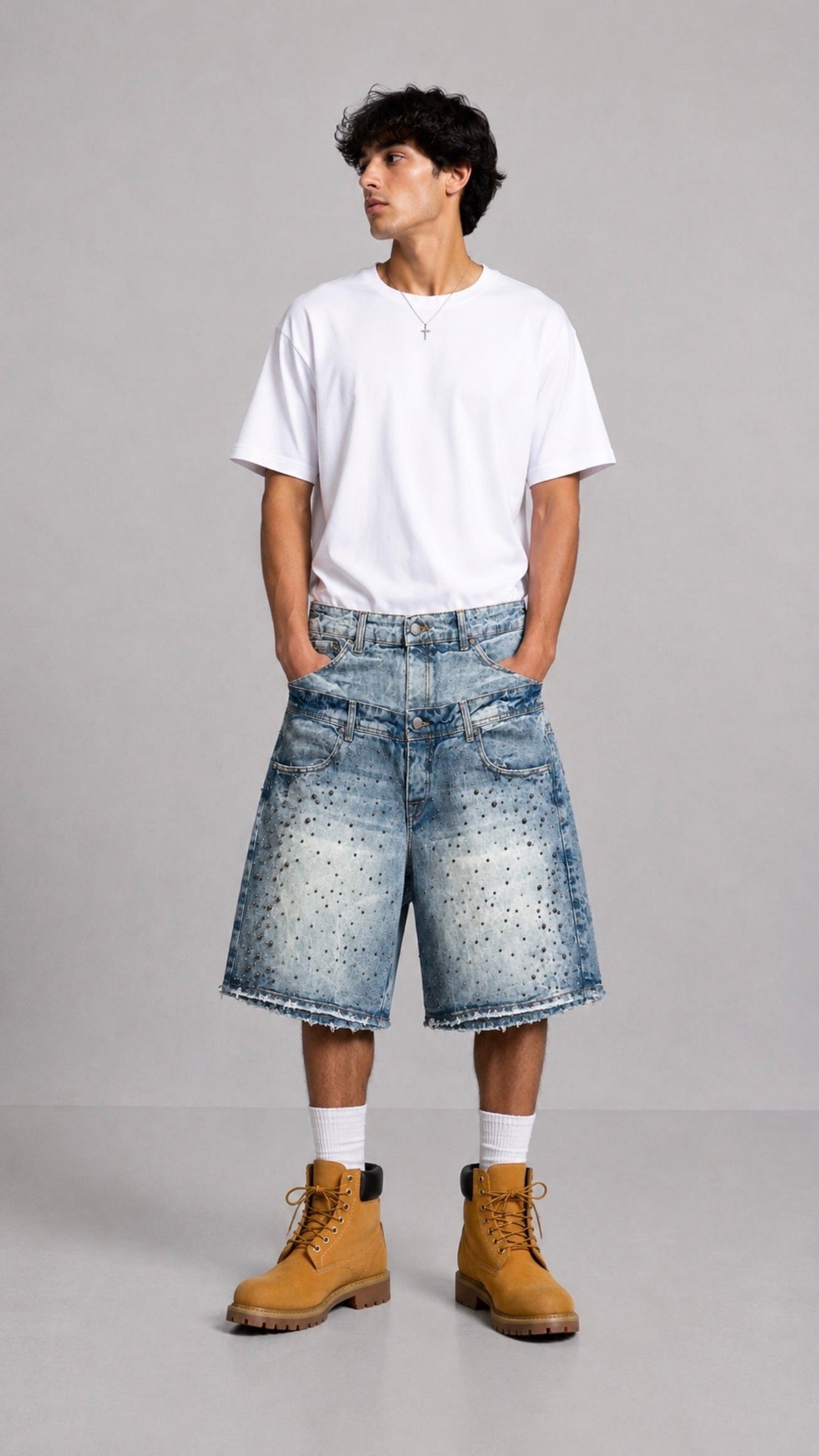 DOUBLE WAIST STUDDED DENIM