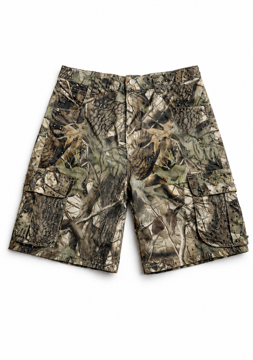 STUDDED CAMO CARGO SHORTS
