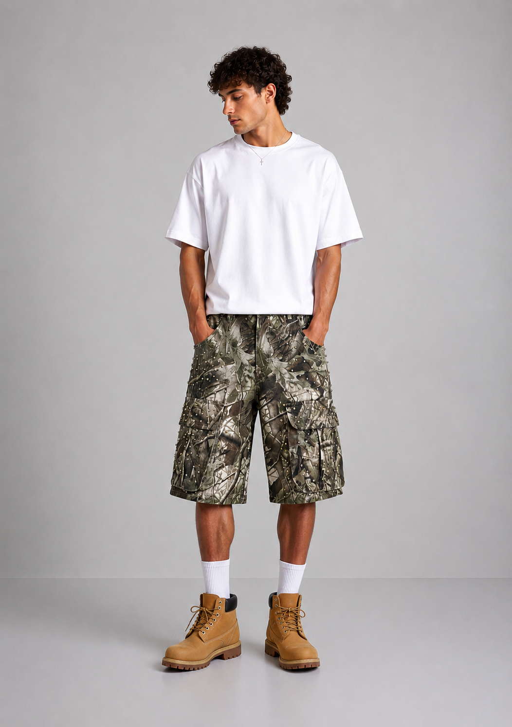 STUDDED CAMO CARGO SHORTS