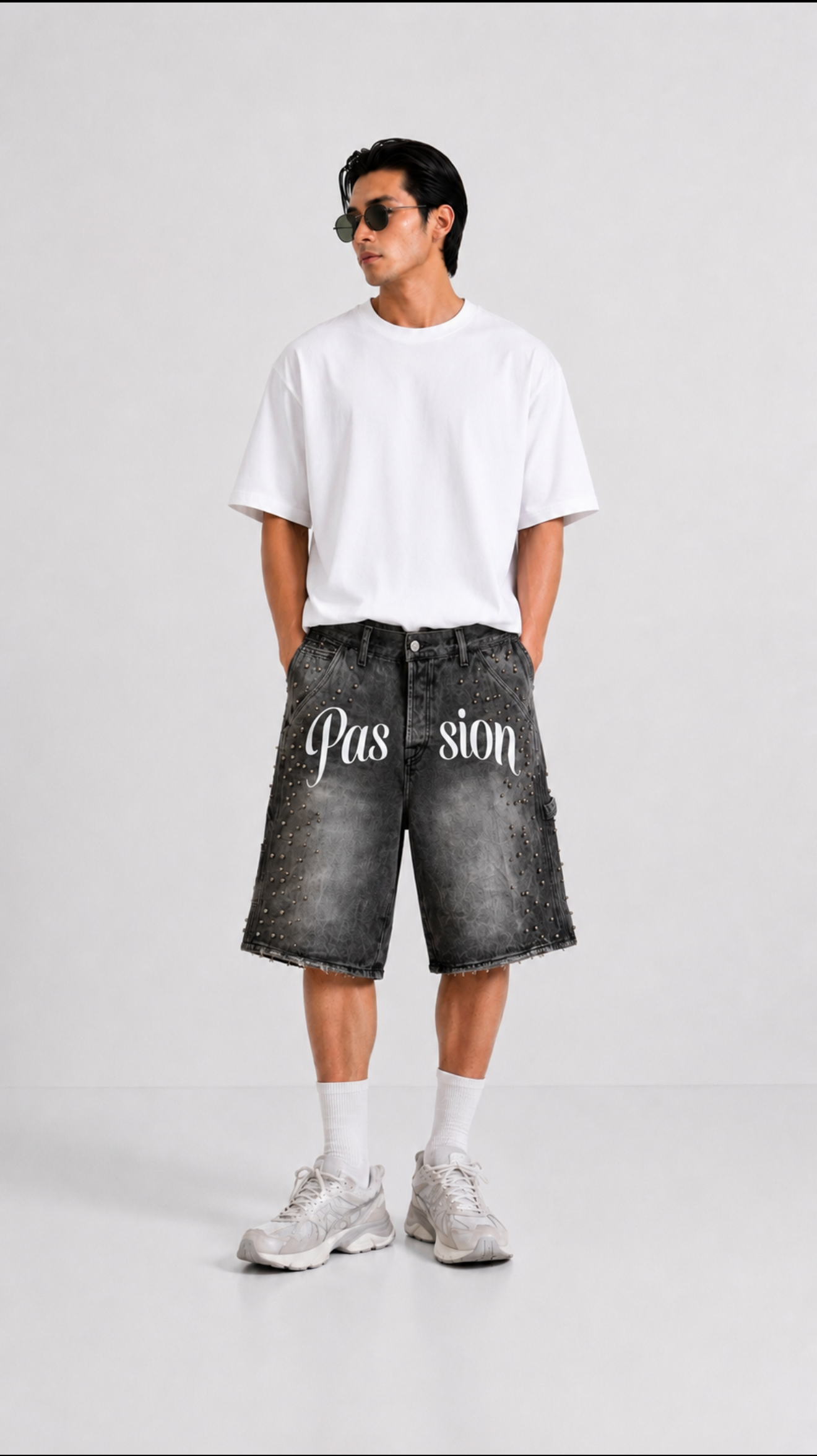 DOUBLE WAIST STUDDED DENIM – GREY WASH